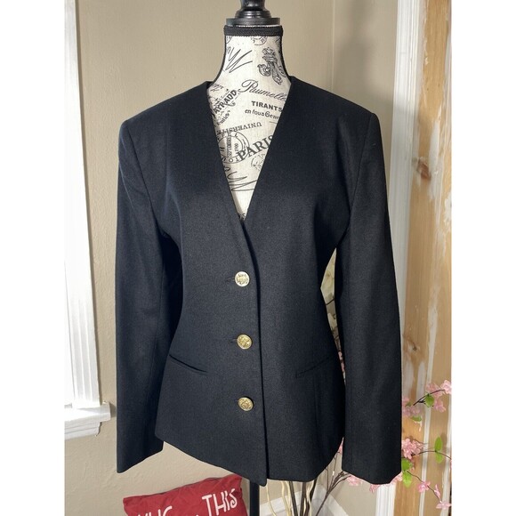 JACK WINTER Women Blazer Suit Jacket Black W/Gold Buttons Collarless - Picture 1 of 9